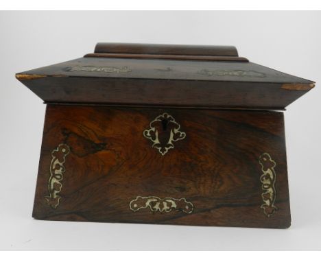 A 19th century mother of pearl inlaid rosewood tea caddy H.17cm W.25cm D.16cm