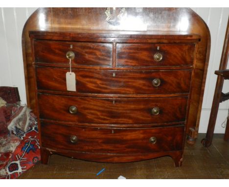 A George III mahogany bow-fronted chest, fitted two short above two graduated long drawers, raised on a raised plinth base H.