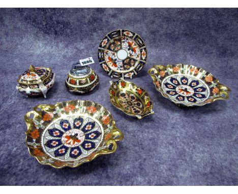 A Royal Crown Derby Imari Pattern 1128 Shaped Oval Dish, red printed mark, date code for 1972, 14.5cm long; A Pair of Royal C