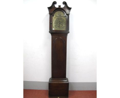 A Late XVIII Century Oak Eight-Day Longcase Clock, the hood with swan neck pediment, and arched door with column supports, th