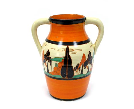 A Wilkinson Ltd Clarice Cliff 'Fantasque' Lotus Shape Pottery Vase, of two handled ovoid form, painted in the 'Orange Trees a