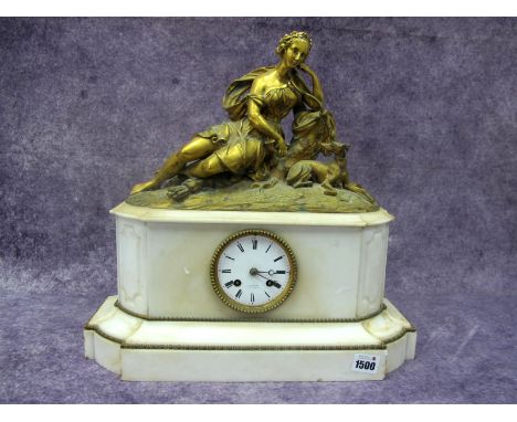 A Late XIX Century French Ormolu and White Marble Mantel Clock by Stenward Boulange, the top surmounted with a reclining clas