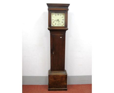 An XVIII Century Oak Thirty Hour Longcase Clock, with stepped cornice, blind fret decoration and twin columns, the white dial