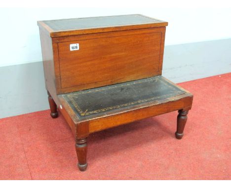 XIX Century Mahogany Two Step Library Steps, with hinged lid to step, leather insets, on turned legs, 44cm high, 46cm wide.