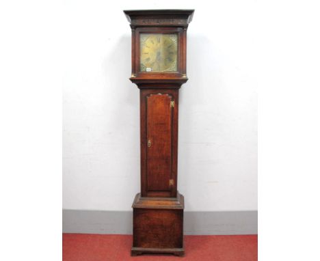 An XVIII Century Oak Thirty-Hour Longcase Clock, the hood with stepped cornice and blind fret frieze, square door flanked by 