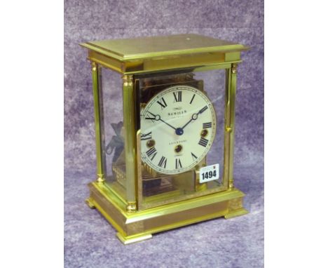 A Sewills Liverpool Four Glass St George Mantel Clock, the circular white enamel dial with Roman numerals within a brass case