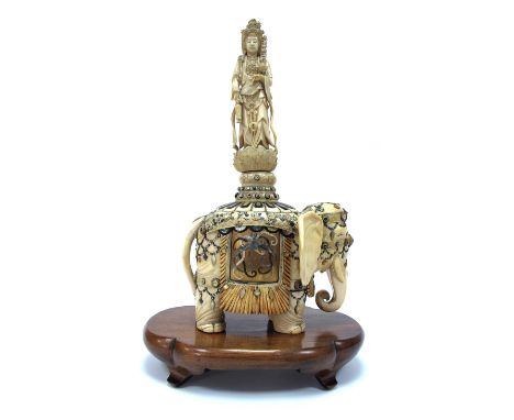 A Japanese Meiji Period Ivory and Shibayama Model of an Elephant, with trunk down, richly encrusted with mother of pearl and 