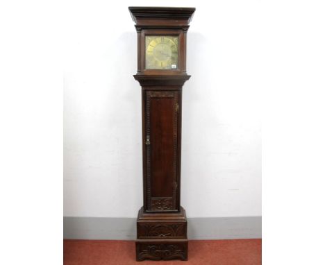 An XVIII Century Pine Longcase Clock, the hood with stepped cornice and twin columns, the brass dial  inscribed "R. Henderson