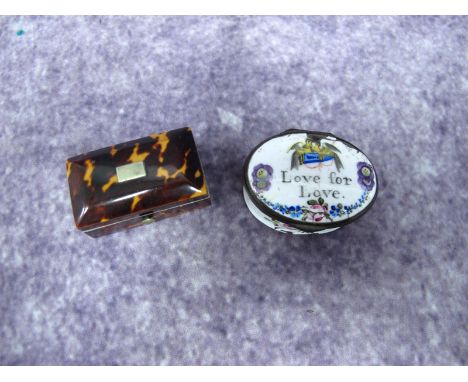 An XVIII Century Oval Bilston Enamel Patch Box, the cover painted with flowers and dove and inscribed 'Love for Love', the in