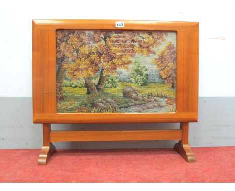 A Yorkshire Critters Oak Rectangular Coffee Table, folding to become a firescreen with inset tapestry top, carved with a York