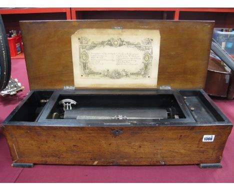 A Mid XIX Century Swiss Rosewood Musical Box, playing twelve airs, with brass pinned cylinder and steel tooth comb, type shee