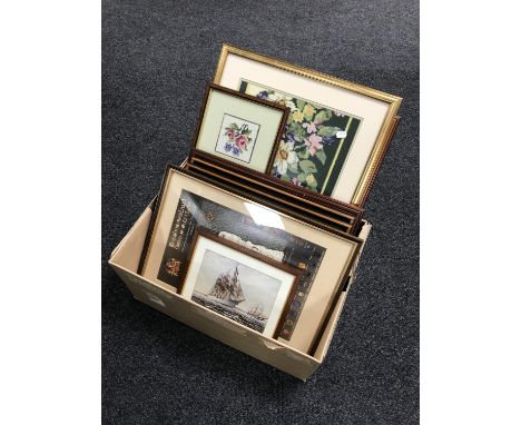 A box of eight framed wool work pictures together with a map 'Northumberland Union of Golf Clubs' and a signed print of tall 