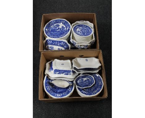 Two boxes of Copeland Spode tower blue and white dinner ware 