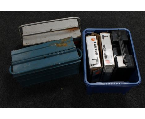 Two metal concertina tool boxes of hand tools, cased black and Decker jigsaw, boxed Black &amp; Decker orbital sander and cor