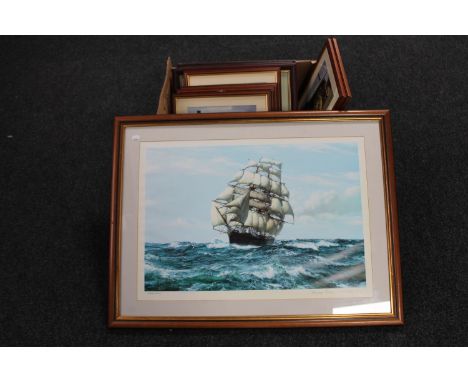 A mahogany framed Montague Dawson print - racing home with Cutty Sark and a box of three framed hunting prints, six traction 