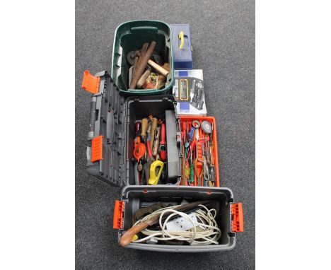 A plastic tool box and two crates of hand tools, tool box and a Black &amp; Decker power screw driver