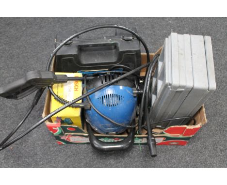 A box of pressure washer, tool box and tools, Bosch sander etc 