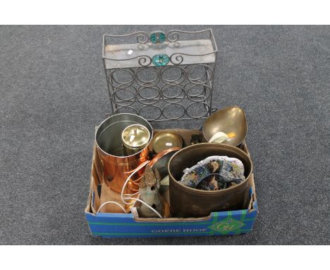 A metal twelve bottle wine rack and a box of brass &amp; copper kitchen storage jars, embossed bin, duck door stop, kitchen s