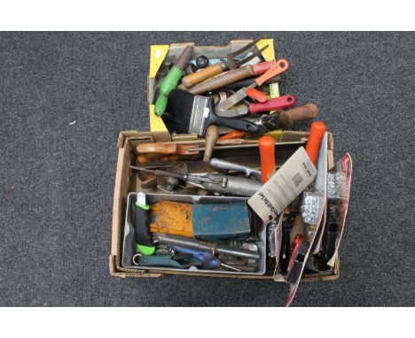 Two boxes of hand tools, dry wall fixing kit, vintage saws etc 