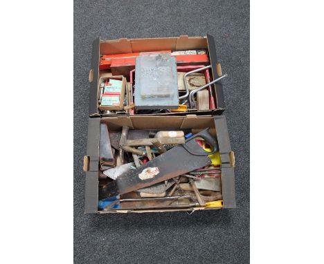 Two boxes of adjustable ratchets, hand tools, hard ware, etc 