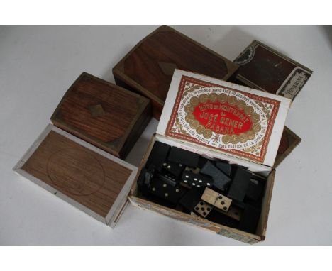 A Havana vintage cigar box containing ivory dominoes, two further cigar boxes, three graduated mahogany and brass boxes 