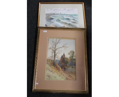 A gilt framed Christine T. Oates watercolour, Rough Sea, Mount's Bay, and an Edwardian gilt framed watercolour, figure on a c