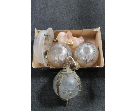 A brass and glass globe light fitting together with a box of Art Deco light shade, pair of brass wall light with shades, ball