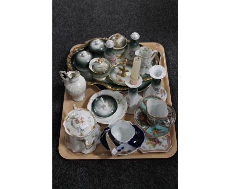 A tray of continental china trinket sets, tea cups and saucers, Limoges lidded pot and dish etc 