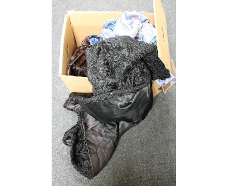 A box of fur coat, vintage coat, two mid 20th century formal dresses 