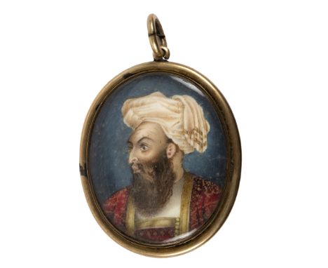 Delhi School/Portrait Miniature of an Indian Prince/watercolour on ivory, 4cm x 3.5cm/Provenance: Ombersley Court Condition R