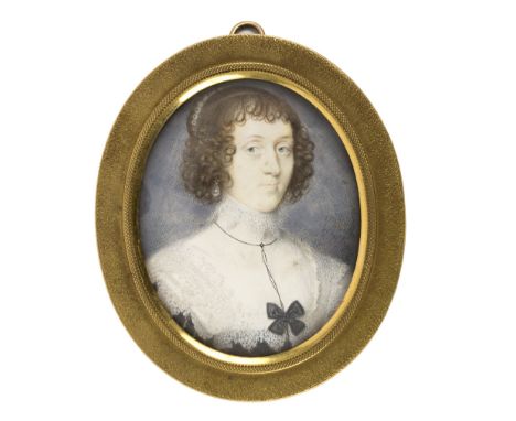 John Hoskins/Portrait Miniature of a Lady/circa 1635/signed in gold, centre right/watercolour and bodycolour on vellum, 5.3cm