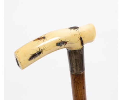 A walking stick, the ivory handle with Shibayama decoration of insects, with plated mounts/see illustration Condition Report: