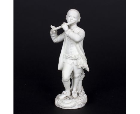 A Derby biscuit figure, circa 1780, of a youth playing a flute, on a round scroll base, incised no. 10, 16cm high/Provenance: