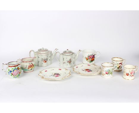 Two New Hall teapots of serpentine outline, four Victorian mugs, two named and dated in gilt, one named and one initialled, a