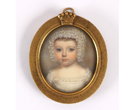 Late 18th Century School/Portrait Miniature of Aglaé de Polignac as a Child/bust length, wearing a white lace bonnet/watercol