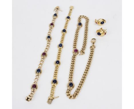 A sapphire and ruby cabochon set necklace and bracelet, D&F, circa 1994, set in 9ct yellow gold, a similar bracelet with sapp