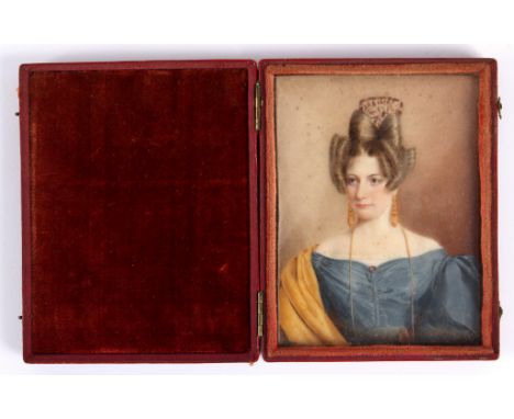 English School circa 1820/Portrait Miniature of a Lady/half length, her hair elaborately arranged and wearing a blue dress an