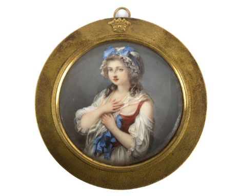 Miss Jones, after Vigee Le Brun/Portrait Miniature of the Duchesse de Guiche/circular/watercolour on ivory, 7cm diameter/see 