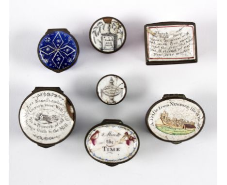 Six English enamel printed bonbonnières and patch boxes, circa 1780-1810, including one inscribed 'A Trifle from Newport Isle