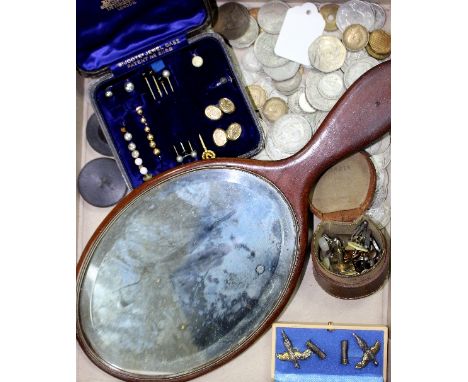 A small 'Bijoote' jewel case containing gold shirt studs, stick pins and cufflinks and a quantity of coins, a hand mirror etc