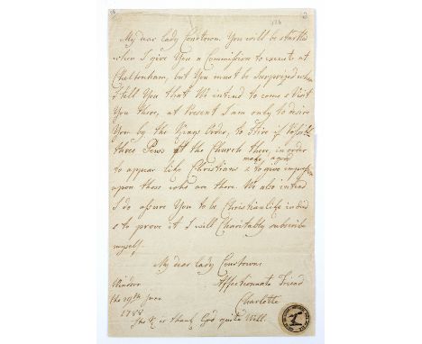 A letter from Queen Charlotte addressed to close friend Lady Courtown, signed Windsor, 19 June 1788, the contents of the lett