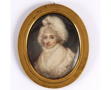 Anne Mee (1770/5-1851)/Portrait Miniature of a Lady/bust length, wearing a white bonnet and dress/watercolour on ivory, 6.5cm