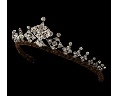 A Victorian diamond tiara, the central oval pinnacle flanked by eight graduated floral pinnacles to each side, the principal 