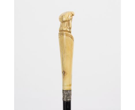 An ebonised walking stick, the carved ivory handle in the form of a Renaissance type bust of a Gentleman, with embossed silve