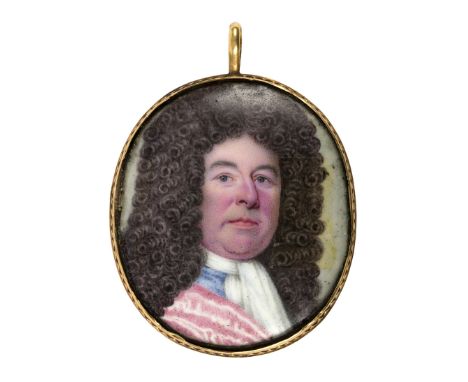 English School/Portrait Miniature of a Gentleman/enamel, 4.5cm x 4cm/in enamel case decorated with a cypher and dated 1708/se