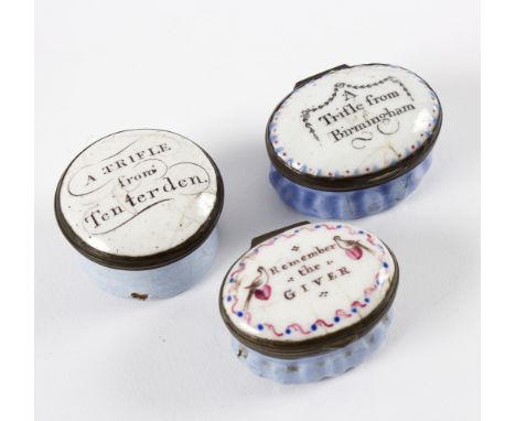 Three English enamel patch boxes, circa 1785-1790, two oval, one inscribed 'A Trifle from Birmingham', the other inscribed 'R