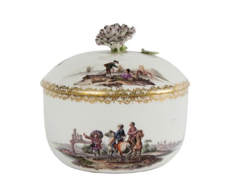 A Meissen circular sugar bowl and cover, circa 1750-60, painted with scenes of figures in coastal landscape, flower finial, t