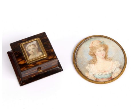 Late 18th Century School/Portrait of a Lady/wearing a blue dress with lace trim/watercolour on ivory, tondo, 7.5cm diameter/a