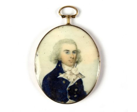 English School circa 1800/Portrait Miniature of a Gentleman/half-length, wearing a blue coat/oval watercolour on ivory with y