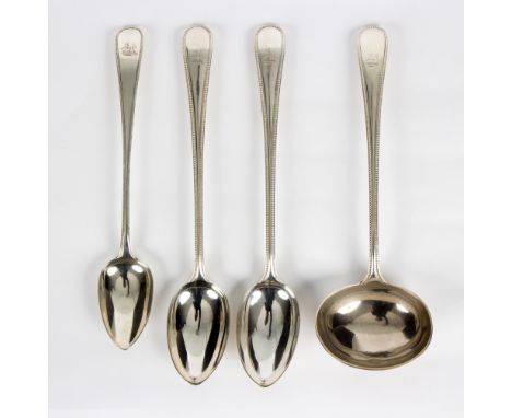 A Victorian silver ladle and a pair of basting spoons, JW, Exeter 1859, of double stuck bead edge pattern and a single struck